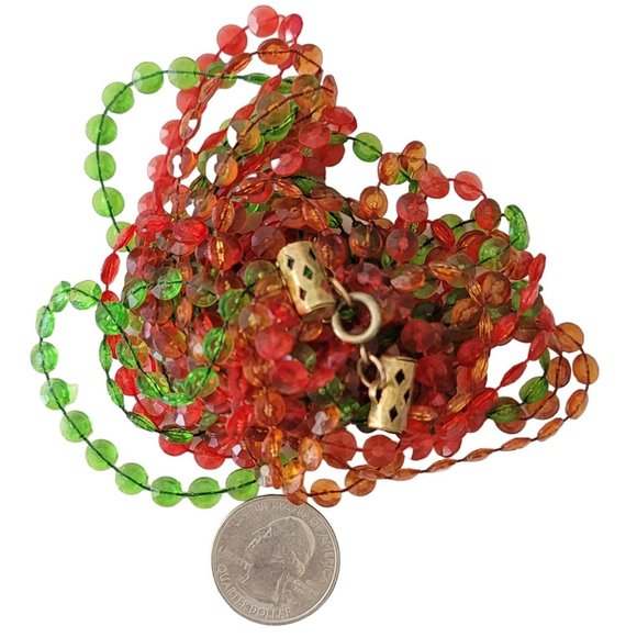 Red Green Orange Plastic Fixed Bead Multi Strand Necklace 50" Long, E219 - Picture 6 of 7